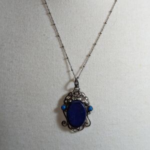 Natural Lapis Lazuli Ornate Vintage Pendant and Necklace